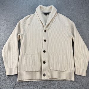 Banana Republic Cardigan Mens Large Cream Ribbed Shawl Collar Cotton Wool Blend